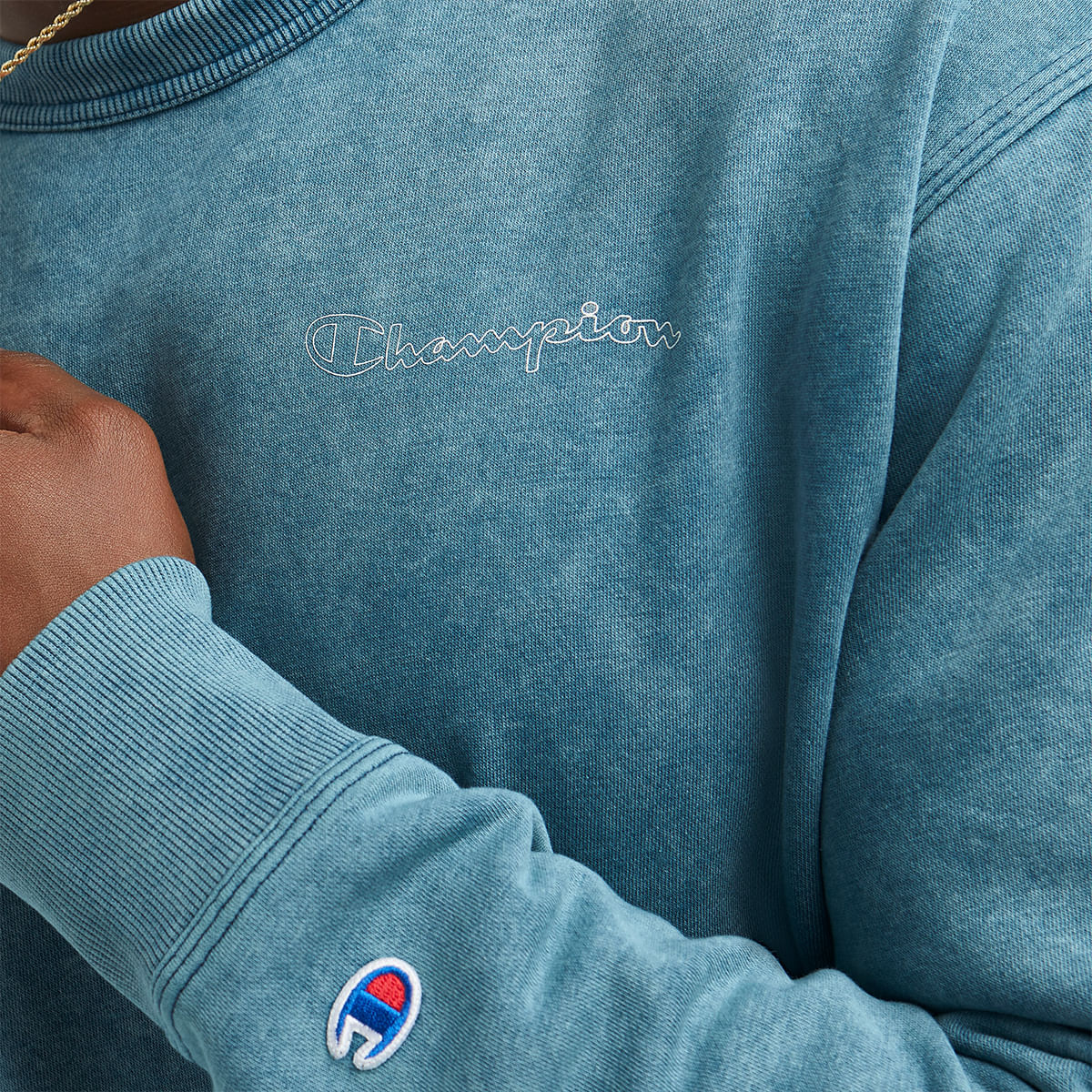 Champion script logo crew neck sweatshirt turquoise sale